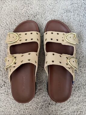 Rothy's Beige Canvas Double-Buckle Slide Sandals with Gold Buckles